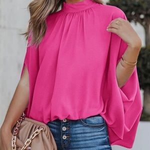 Oversized Pink Satin High Low Mock Neck Blouse Size XL